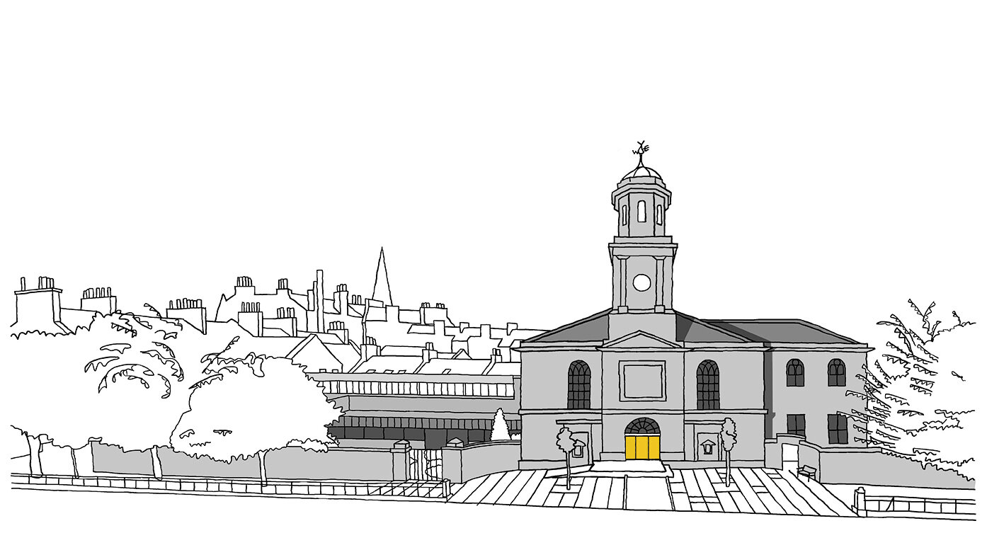 An illustration of Bellfield, the former parish church. The building is set amongst the outline of trees and with outlines of nearby buildings in the background to provide context.