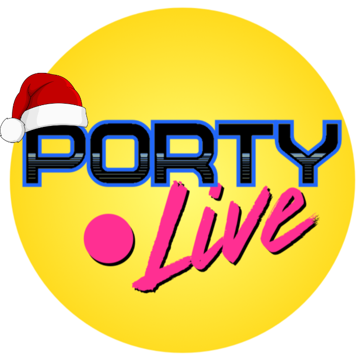 The Porty dot Live logo in yellow with a Santa hat